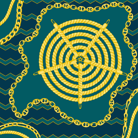 Border pattern with retro hand-drawn sketch golden chain on dark background. Tranding drawing print for scarf or bandana Great design for fashion, textile, decorative frame, card in marine yacht styleのイラスト素材