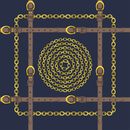 Seamless pattern with realistic hand drawn golden chains and brown leather belt Doodle sketch on dark blue background Square luxury ornament for fabric fashion design, web banner, branding advertisingのイラスト素材