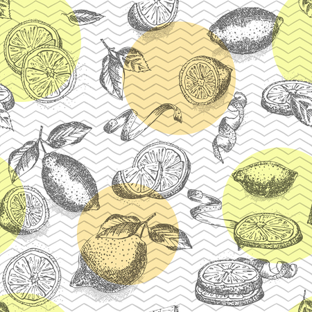 Seamless pattern hand drawn of half, quarter, slices and zest lemon fruit in black color on geometric color background. Retro vintage graphic design Botanical sketch drawing, Vector illustration.のイラスト素材
