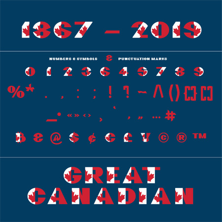 Alphabet for celebration design 1 th july in National canada flag style font on dark blue background with text Great Canadian. Vector illustration. Canada independence day.のイラスト素材