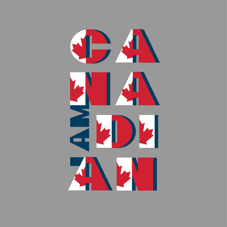 I am Canadian modert poster card. Pattern with National flag red and white color modern typography for celebration design, flyer, banner. on fective firework blue background. Vector illustrationのイラスト素材