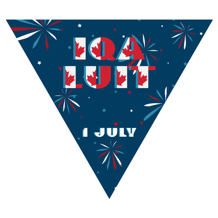 Happy Canada day holyday triangular flag for planar festivals Modern typography with National red and white color on fective firework blue background. Text 1 july Iqaluit Vector illustrationのイラスト素材