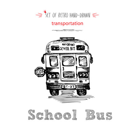 Hand drawn school bus symbol on white background. With text School bus. Vintage background. Good...