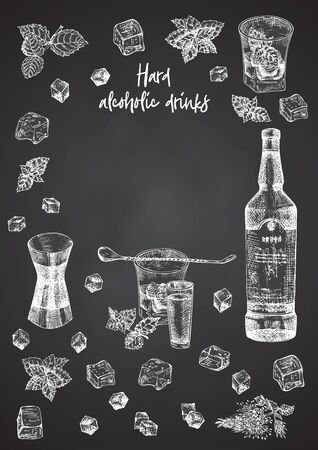 Vintage hand drawn sketch design bar, restaurant, cafe menu on black chalk board background. Place for your text. Graphic vector art. Whiskey with ice and mint Creative template for flyer, bannerのイラスト素材