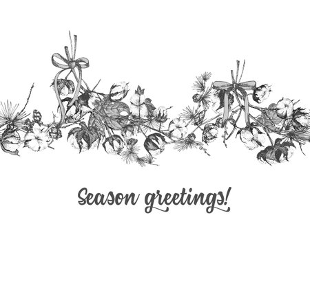 Hand drawn botanical sketch garland with christmas plants Vintage engraving black and white style illustration For design festive card, invitation, poster, banner. Seamless horizontal holiday patternのイラスト素材