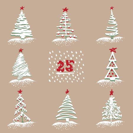 Greeting card Modern sketch set with trendy stylized christmas tree Isolated on background for winter holiday decoration design. Snowy forest Vintage style, flat color Abstract concept vector graphicのイラスト素材