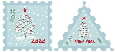 Postage Stamp Modern sketch with trendy stylized christmas tree Isolated on background for winter holiday decoration design. Snowy forest. Vintage style, flat color Abstract concept vector graphicのイラスト素材
