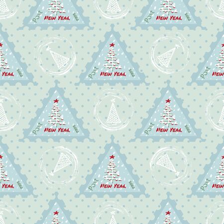 Seamless pattern Modern sketch with trendy stylized christmas tree and postage stamp for winter holiday decoration design. Vintage style, flat color Abstract graphic background Vector illustrationのイラスト素材