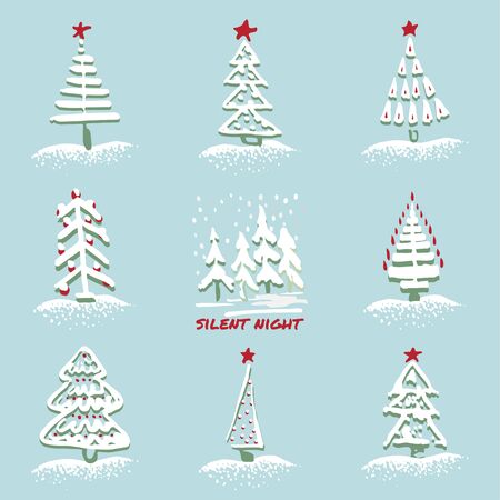 Greeting card Modern sketch set with trendy stylized christmas tree Isolated on background for winter holiday decoration design. Snowy forest Vintage style, flat color Abstract concept vector graphicのイラスト素材