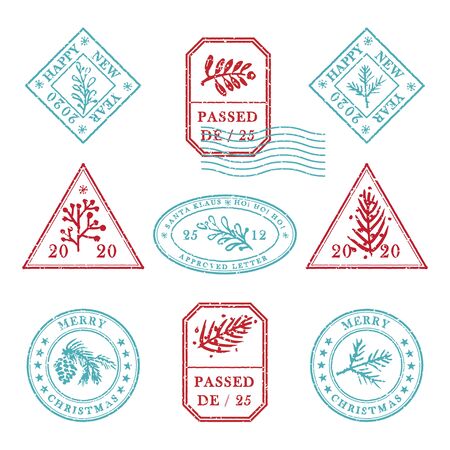 Set of vintage textured grange christmas stamp rubber with holiday symbols in red, green and blue colors. For xmas greeting card, invitations, web banner, sale flyers retro design. Vector illustrationのイラスト素材