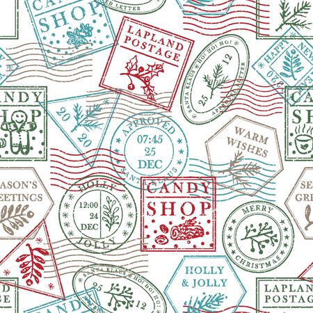 Seamless pattern Vintage grunge texture christmas stamp rubber with holiday symbols in red, green and blue colors. For xmas greeting card, invitations, web banner, flyers design. Vector illustrationのイラスト素材
