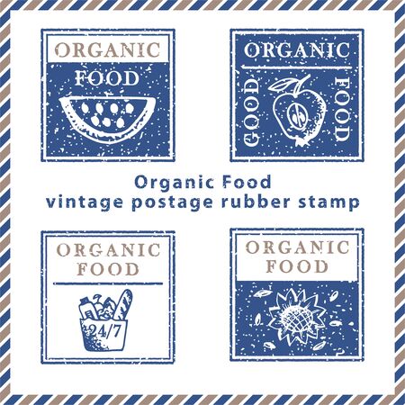Set of vintage textured grunge food delivery rubber stamps with meal symbols in classic blue and brown colors. For design of post card, advertising poster, web banner, sale flyers Vector illustrationのイラスト素材