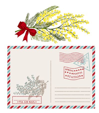 Template of vintage post card envelope with hand drawn sketch branch mimosa flower. Texture rubber stamp Place for your greeting text Good idea for design 8 march women days poster Vector illustrationのイラスト素材
