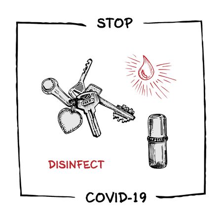 Design concept of Medical, social, economic and financial information agitational poster against coronavirus epidemic with text Stop Covid-19 Sketch style Vector Illustrationsのイラスト素材