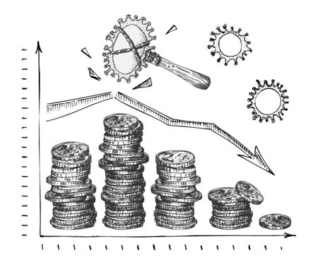 Design concept of economic and financial information agitational poster against coronavirus epidemic with hand-drawn graph of coins, falling market Sketch style Vector Illustrationsのイラスト素材