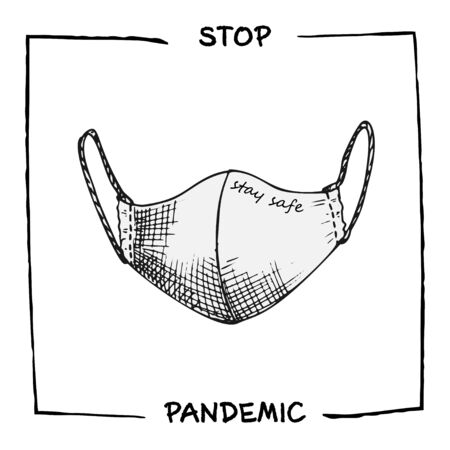 Ink sketch medical hand made mask icon. Design concept of Medicine information agitational poster against coronavirus epidemic with text Stop pandemic. Vintage engraving style vector illustrationのイラスト素材