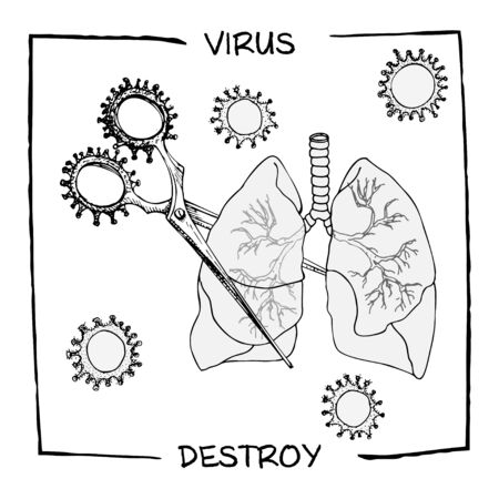 Design concept of medical, social, information agitational poster against coronavirus epidemic with text Virus destroy. Scissors cut lungs. Sketch style Vector Illustrationsのイラスト素材