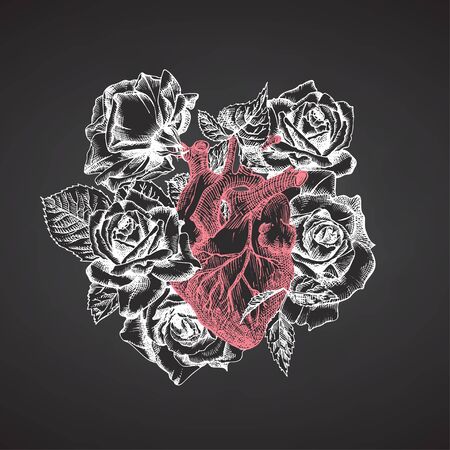 Heart with bouquet roses on chalkboard Realistic hand-drawn icon of human internal organ and flower frame. Sketch Engraving style Medical post-viral rehabilitation design concept. Tattoos art. Vectorのイラスト素材