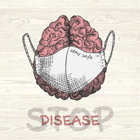 Brain with medical mask Diary page Realistic hand-drawn human internal organs. Engraving art. Sketch style. Design concept for medical projects, posters, notebook Text stop disease Vector illustrationのイラスト素材
