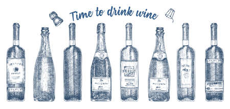 Set hand drawn sketch glasses bottle red wine, champagne on white background. Vintage vector design for bar, restaurant, cafe menu Engraving art for flyer, banner, poster Time to alcohol drinksのイラスト素材