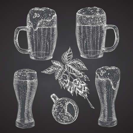 Set hand drawn sketch glasses for alcoholic drink Beer. Vintage design bar, restaurant, cafe menu Chalkboard background. Creative template for flyer, banner, poster Engraving style Graphic vector artのイラスト素材