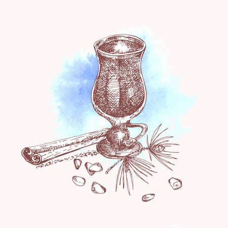 Alcoholic cocktail drink Hand drawn sketch art, watercolor background Christmas Mulled red wine, xmas spices Vintage design for bar, restaurant, cafe menu, flyer, banner, poster Engraving style vectorのイラスト素材