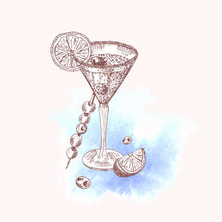 Alcoholic cocktail drink Hand drawn sketch art on watercolor background Champagne, bubbly, fizz Vintage design for bar, restaurant, cafe menu, flyer, banner, poster Engraving style vector illustrationのイラスト素材