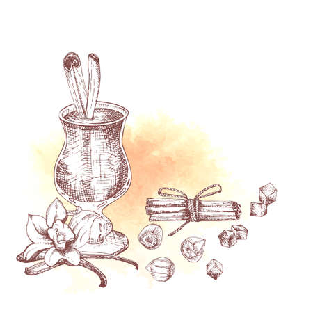 Alcoholic cocktail drink Hand drawn sketch art, watercolor background Irish coffee, eggnog Christmas bar Vintage design for restaurant, cafe menu, flyer, banner Engraving style vector illustrationsのイラスト素材