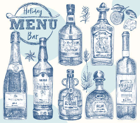 Set bottles Whiskey, rum, champangne, wine, tequila Vintage hand drawn sketch design bar, restaurant, cafe menu Realistic engraving style Creative template flyer, banner, poster Graphic vector artのイラスト素材