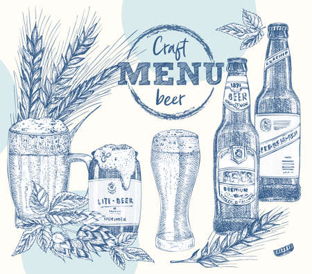 Set bottles craft, organic beer, beer can, wheat ear, hop. Vintage hand drawn sketch design bar, restaurant, cafe menu Realistic engraving style Creative template for flyer, poster Graphic vector artのイラスト素材