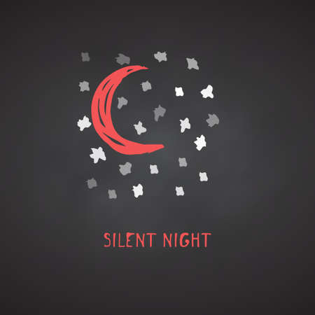 Hand-drawn festive Christmas and New Year card with holiday icon symbol moon and calligraphy greeting inscription. Black chalkboard background Vintage style, ink brush sketch. Vector illustrationのイラスト素材