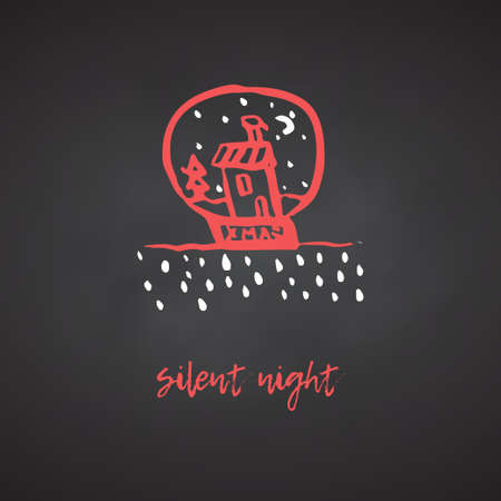 Hand-drawn festive Christmas and New Year card with holiday icon symbol house and calligraphy greeting inscription. Black chalkboard background Vintage style, ink brush sketch. Vector illustrationのイラスト素材