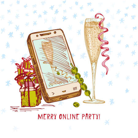 Festive Christmas, New year concept holiday online greeting party Hand drawn smartphone, gifts, glass of champagne on snowy background Text Merry online party Vector illustrationsのイラスト素材
