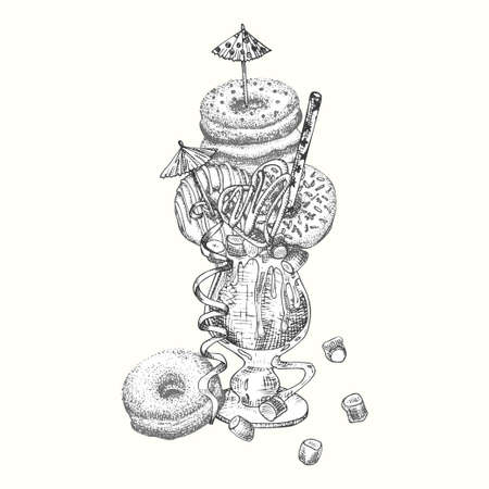 Monster shake dessert, isolated background. Hand drawn black and white art, sketch style Chocolate, donut, ice cream, candy, cookies, marshmallow Design for restaurant, cafe, bar, menu Vectorのイラスト素材