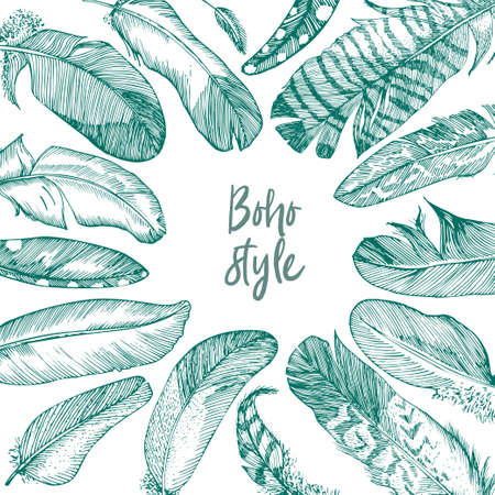 Realistic sketch of bird Feather on isolated background. Square banner. Detailed ink Line pen Clip Art, Black and White Boho Clipart. Hand Drawn engraving style plume. Vintage Vectorのイラスト素材