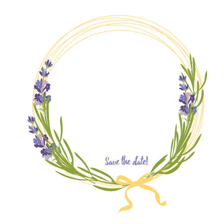 Set violet Lavender beautiful floral frames template in flat watercolor style isolated on white background for decorative design, wedding card, invitation, travel flayer. Botanical illustrationのイラスト素材