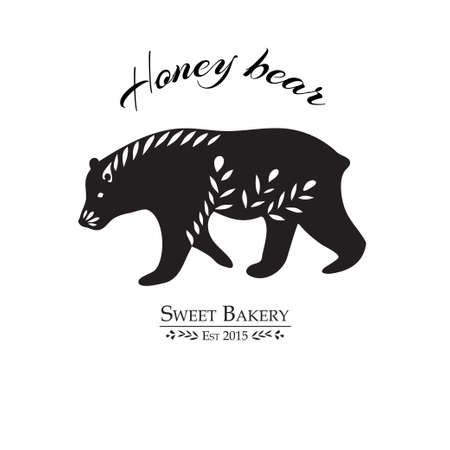 Sweet bakery Premade Logo Design. Honey flower bear. Black and white colors. Isolated background. Hand-drawn Stamp silhouette. Farmhouse decor. Farmers market brand. Vectorのイラスト素材