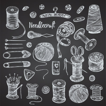 Set of hand-drawn chalk vintage sewing tools. Sew machine, Needle, scissors, mannequin, buttons, tailor meter. Sketch engraving style. Logos, icons elements isolated on chalkboard background. Vectorのイラスト素材