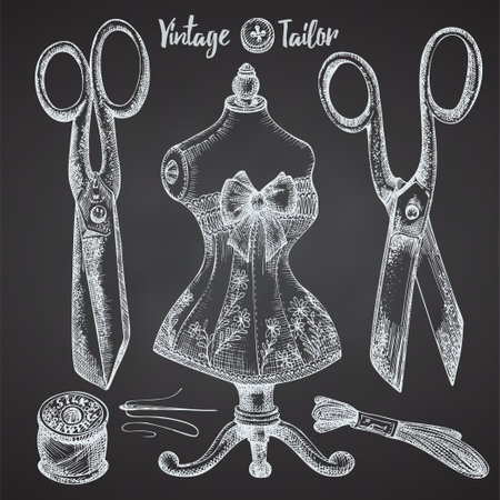 Set of hand-drawn chalk vintage sewing tools. Sew machine, Needle, scissors, mannequin, buttons, tailor meter. Sketch engraving style. Logos, icons elements isolated on chalkboard background. Vectorのイラスト素材