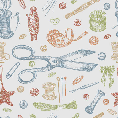 Seamless pattern with hand-drawn vintage sewing tools. Scissors, buttons, threads, needles, pins,...