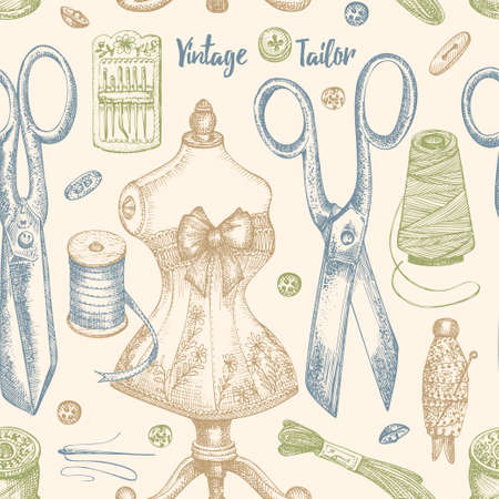 Seamless pattern with hand-drawn vintage sewing tools. Scissors, buttons, threads, needles, pins, spools, mannequin. Sketch engraving style. Retro digital paper, old fabric design Vectorのイラスト素材