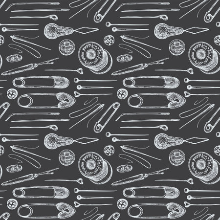 Seamless pattern with chalk hand-drawn vintage sewing tools on chalkboard. Buttons, threads, needles, pins, spools. Sketch engraving style. Retro digital paper, old fabric design Vectorのイラスト素材