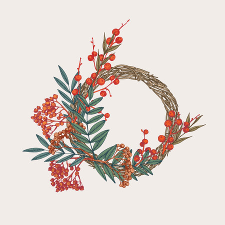 Hand-drawn sketch autumn wreath with rowan berries, branches, leaves in engraving style. Vintage floristic door wreath. Thanksgiving retro decor Wedding graphic frame Hello, fall. Vector.のイラスト素材