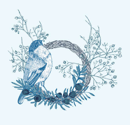 Hand-drawn sketch winter floristic wreath with bird, yew tree berries, branches, leaves in engraving style. Vintage door decor Wedding graphic frame Hello, fall. Thanksgiving retro Vectorのイラスト素材