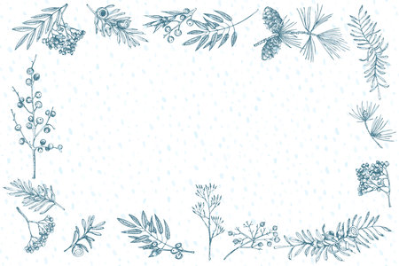 Hand-drawn sketch christmas plants frame with pine cones, berries, branches, leaves in engraving style. Vintage herbal border. Xmas retro decor Wedding graphic Hello, winter. Vector.のイラスト素材