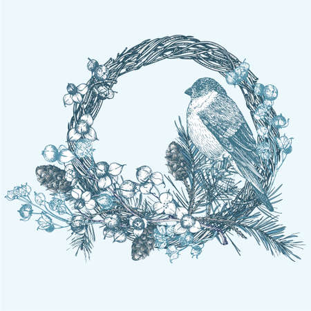 Hand-drawn sketch winter floristic wreath with bird, pine cones berries, branches, leaves in engraving style. Vintage door decor Wedding graphic frame Hello, fall. Thanksgiving retro vectorのイラスト素材