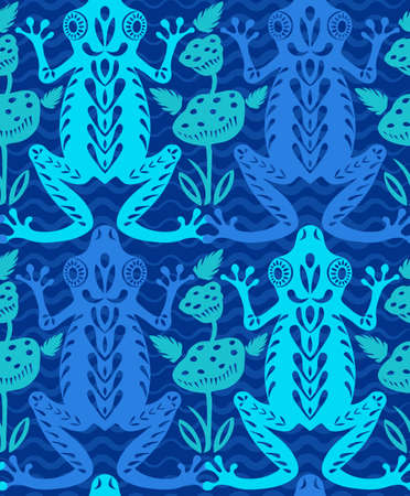 Blue green frogs on a pond with lilies and leaves. Seamless pattern. Paper cut flat style. Fabric decoration. Print for clothes. Textile design. Hand-drawn cute character. Vectorのイラスト素材