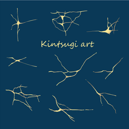 Set of golden cracked texture pattern on dark blue background. Kintsugi Japanese art style. Upcycling eco trend. Grunge gold craquelure ceramics effect Modern textile decor design. Vectorのイラスト素材