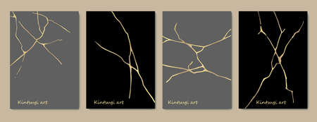 Kintsugi art style template. A4 design poster Abstract golden crack texture pattern on black backdrop. Japanese vintage traditional craft Gold craquelure grey background. Vector illustrationのイラスト素材
