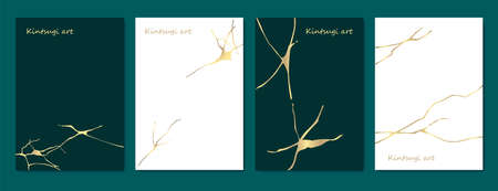 Kintsugi art style template. A4 design poster Abstract golden crack texture pattern on green backdrop. Japanese vintage traditional craft Gold craquelure white background. Vector illustrationのイラスト素材